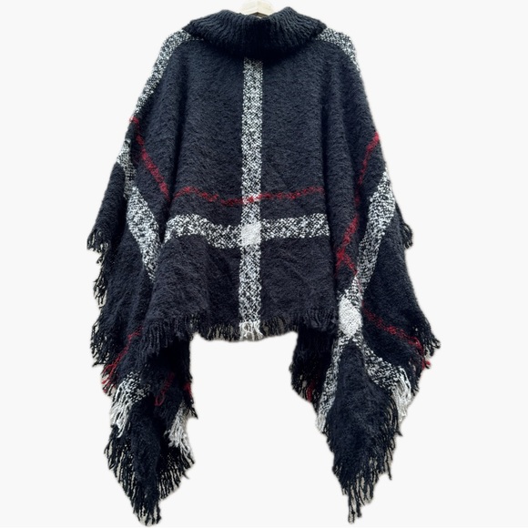 Olivia Sky Plaid Cowl Neck Oversized Poncho with Fringe Sz L/XL - Picture 5 of 7